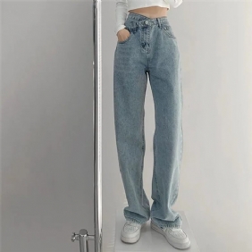 Damesjeans Met Hoge Taille Rechte Losse Wijde Pijpen