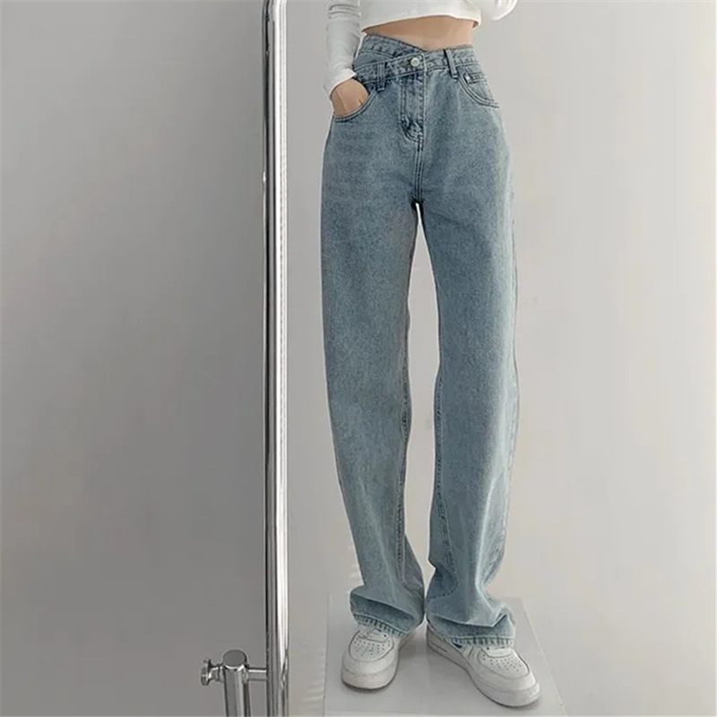 Damesjeans Met Hoge Taille Rechte Losse Wijde Pijpen