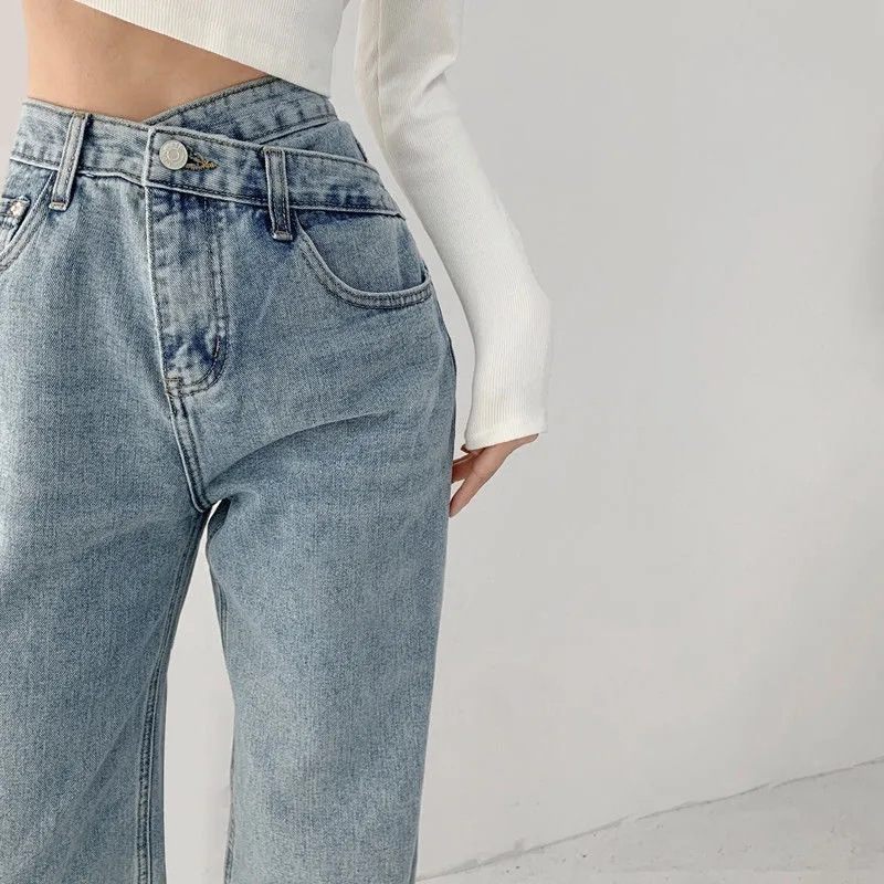 Damesjeans Met Hoge Taille Rechte Losse Wijde Pijpen