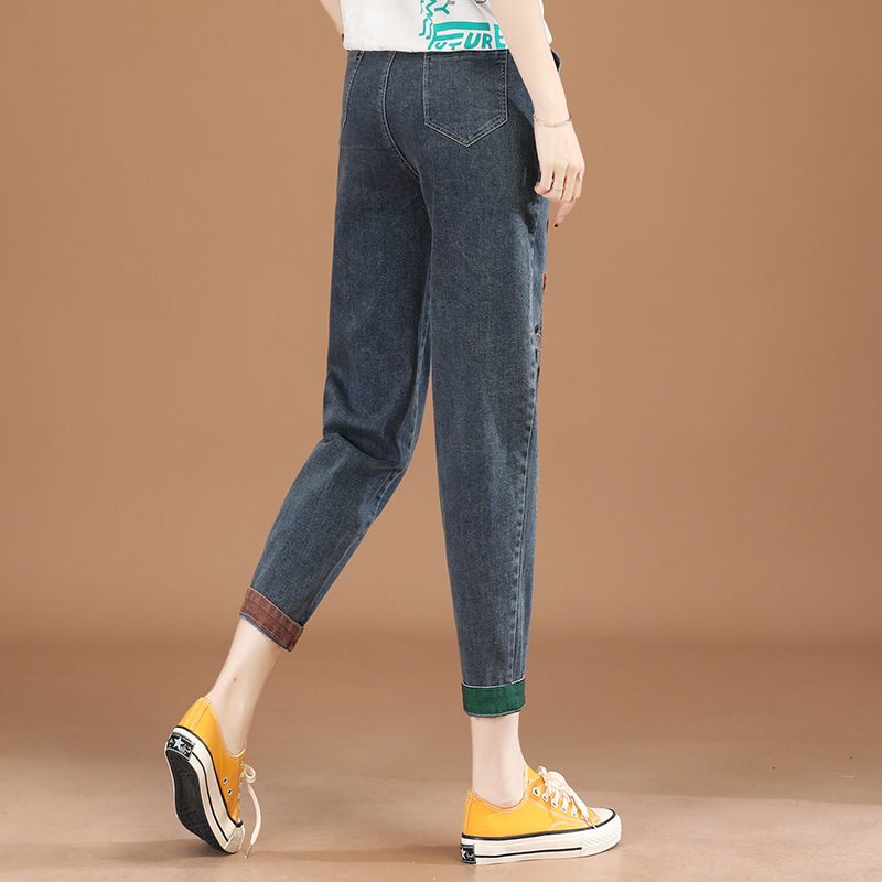 Elastische Taille Geborduurde Cropped Jeans Dames Casual