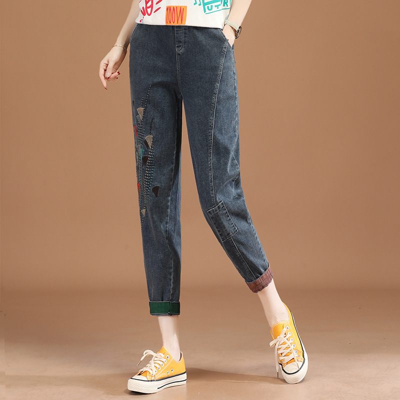 Elastische Taille Geborduurde Cropped Jeans Dames Casual