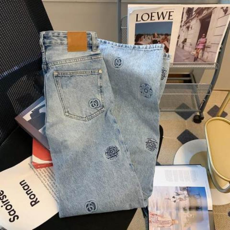 Geborduurde Bloem Jeans Dames Lichtblauw Recht