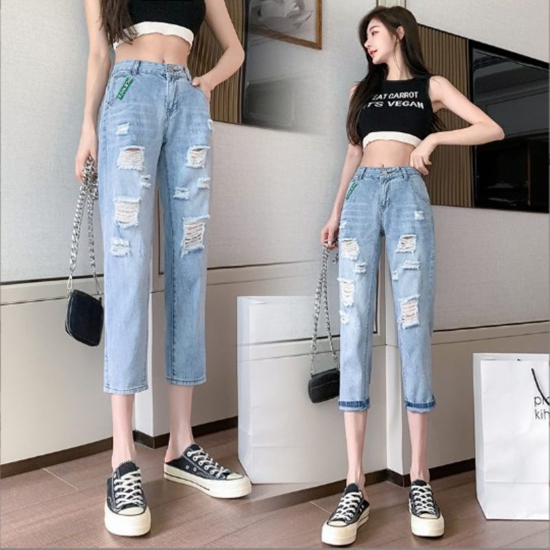 Gescheurde Jeans Dames Lichte Kleur Rechte Losse Crop