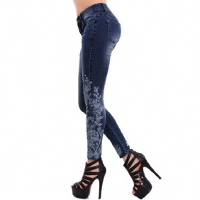 High Stretch Skinny Jeans Dames Geborduurd Slank Blauw