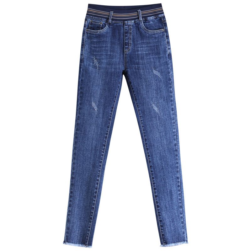 Hoge Taille Gewatteerde Jeans Dames Elastische Elastiek