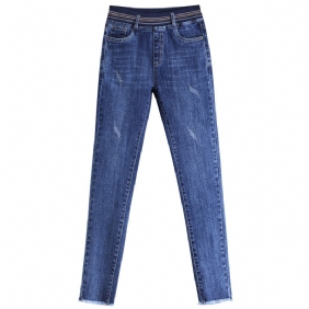 Hoge Taille Gewatteerde Jeans Dames Elastische Elastiek