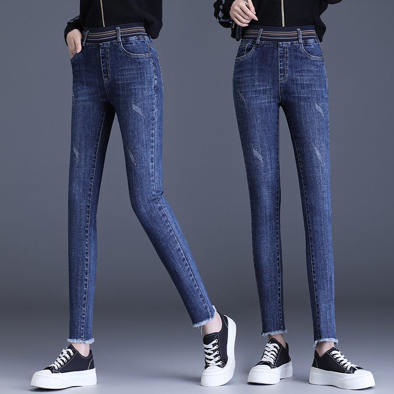 Hoge Taille Gewatteerde Jeans Dames Elastische Elastiek