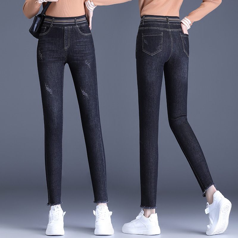 Hoge Taille Gewatteerde Jeans Dames Elastische Elastiek