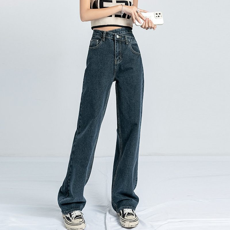 Onregelmatige Cross Waist Jeans Dames Hoge Taille Recht