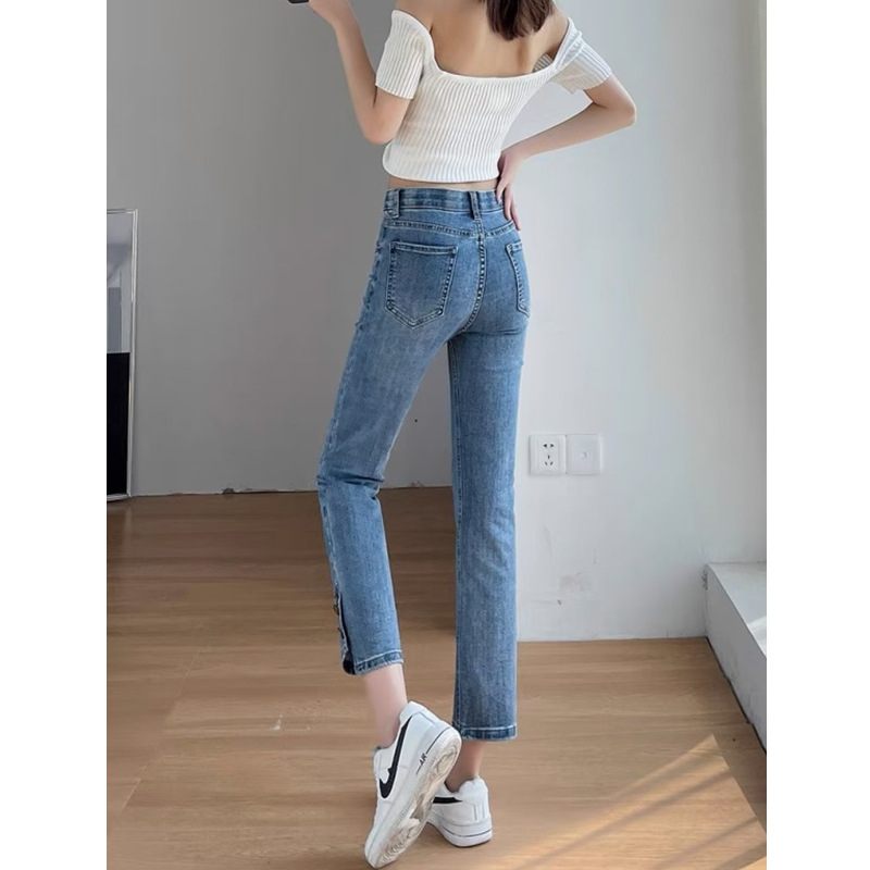 Rechte Jeans Met Split Voor Dames Hoge Taille Cropped