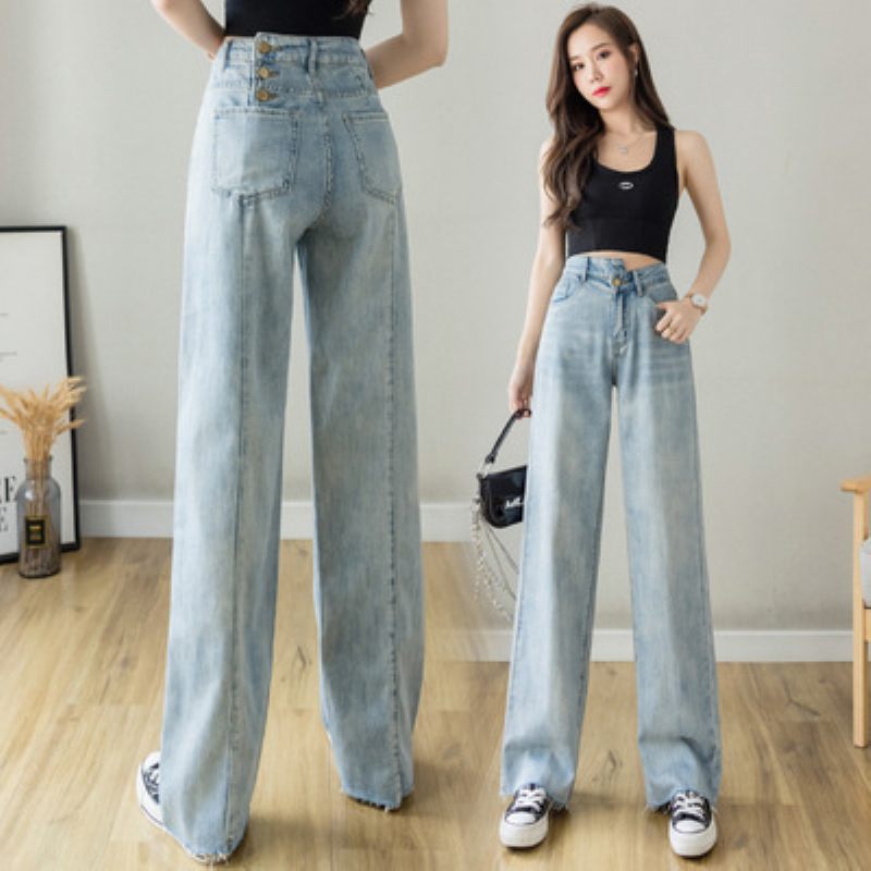 Witte Hoge Taille Denim Wijde Pijpen Broek Dames Recht Los