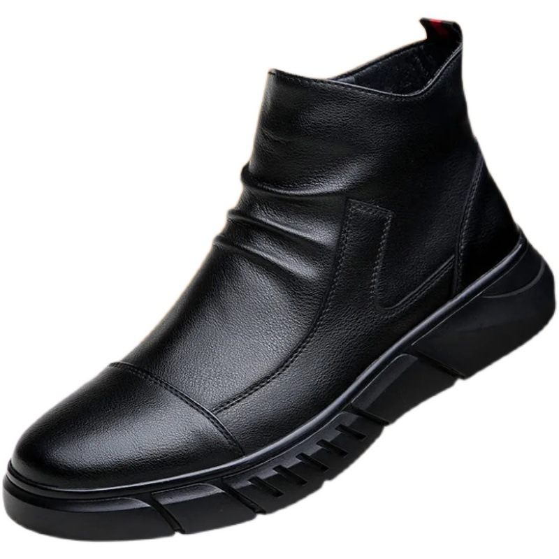 2024 Herfst En Winter Nieuwe Schoenen Heren Hoge Leren Laarzen Antislip Vrijetijdskleding Mode Slip-on Trend