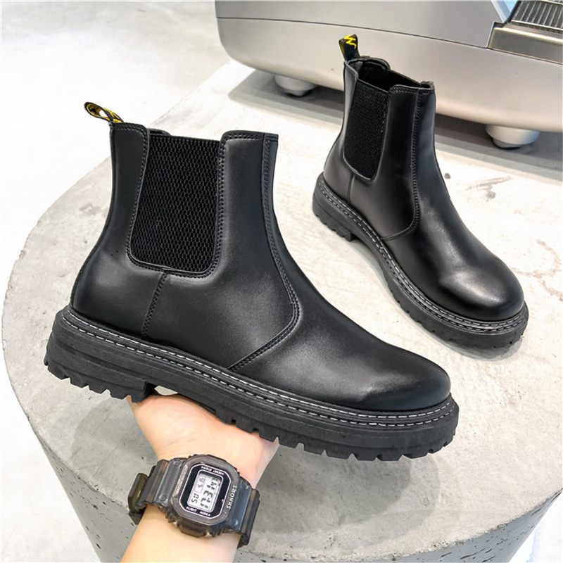 Chelsea Boots Heren Zwarte Mid-cut Schoorsteen Lederen Herenlaarzen Lente En Herfst Tooling High-top Martin Laarzen Trendy