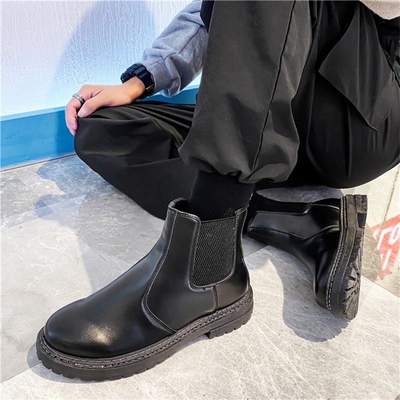 Chelsea Boots Heren Zwarte Mid-cut Schoorsteen Lederen Herenlaarzen Lente En Herfst Tooling High-top Martin Laarzen Trendy