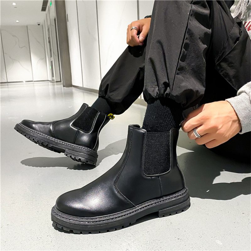 Chelsea Boots Heren Zwarte Mid-cut Schoorsteen Lederen Herenlaarzen Lente En Herfst Tooling High-top Martin Laarzen Trendy