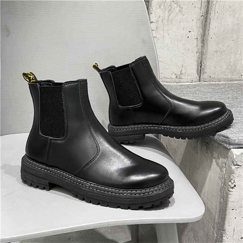 Chelsea Boots Heren Zwarte Mid-cut Schoorsteen Lederen Herenlaarzen Lente En Herfst Tooling High-top Martin Laarzen Trendy