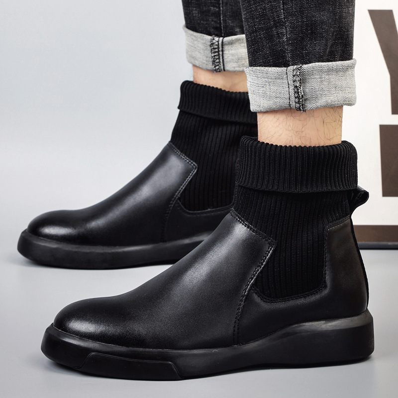 Heren Laarzen Herfst Nieuw Leren Chelsea Boots Trendy Sokken Enkellaars Zwarte