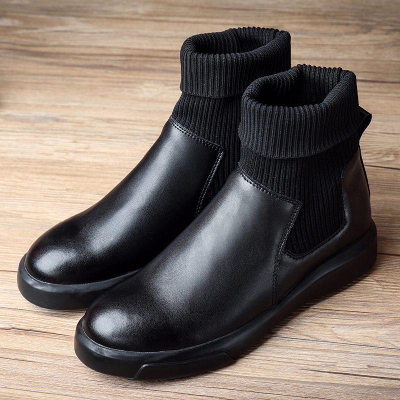 Heren Laarzen Herfst Nieuw Leren Chelsea Boots Trendy Sokken Enkellaars Zwarte