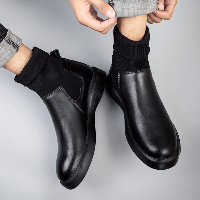 Heren Laarzen Herfst Nieuw Leren Chelsea Boots Trendy Sokken Enkellaars Zwarte