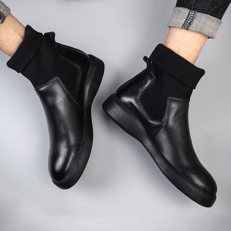 Heren Laarzen Herfst Nieuw Leren Chelsea Boots Trendy Sokken Enkellaars Zwarte