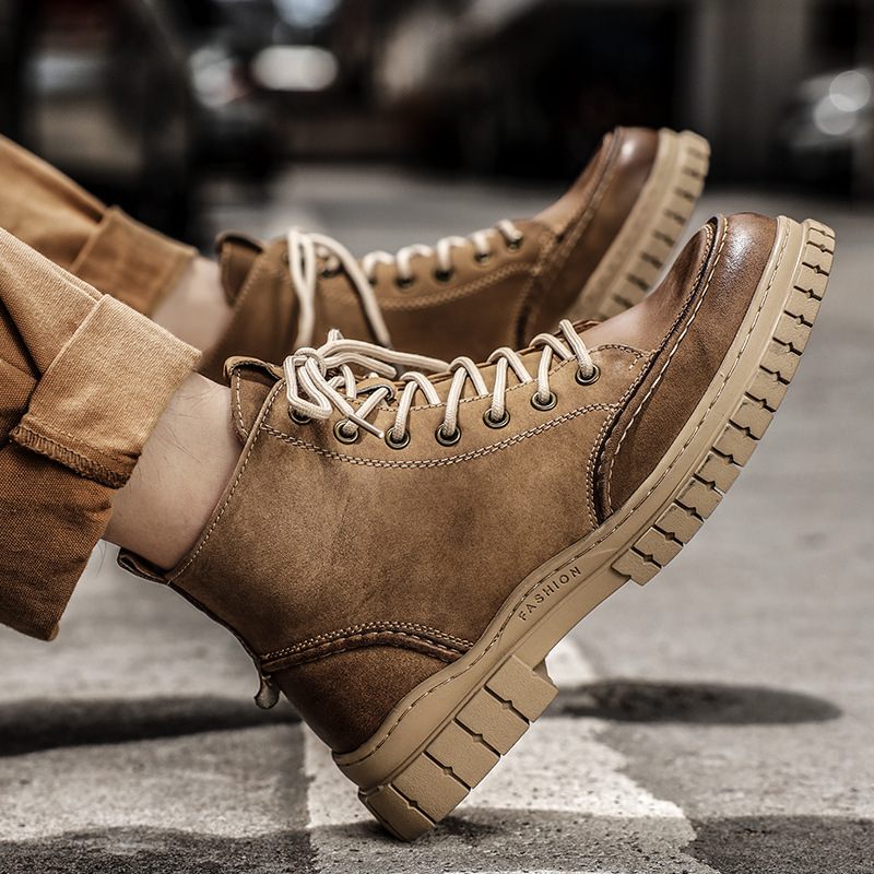 Heren Retro Hoge Schoenen Dikke Zolen Casual Leren Laarzen Koeienhuid Herenlaarzen Ronde Neus Jeugd Martin