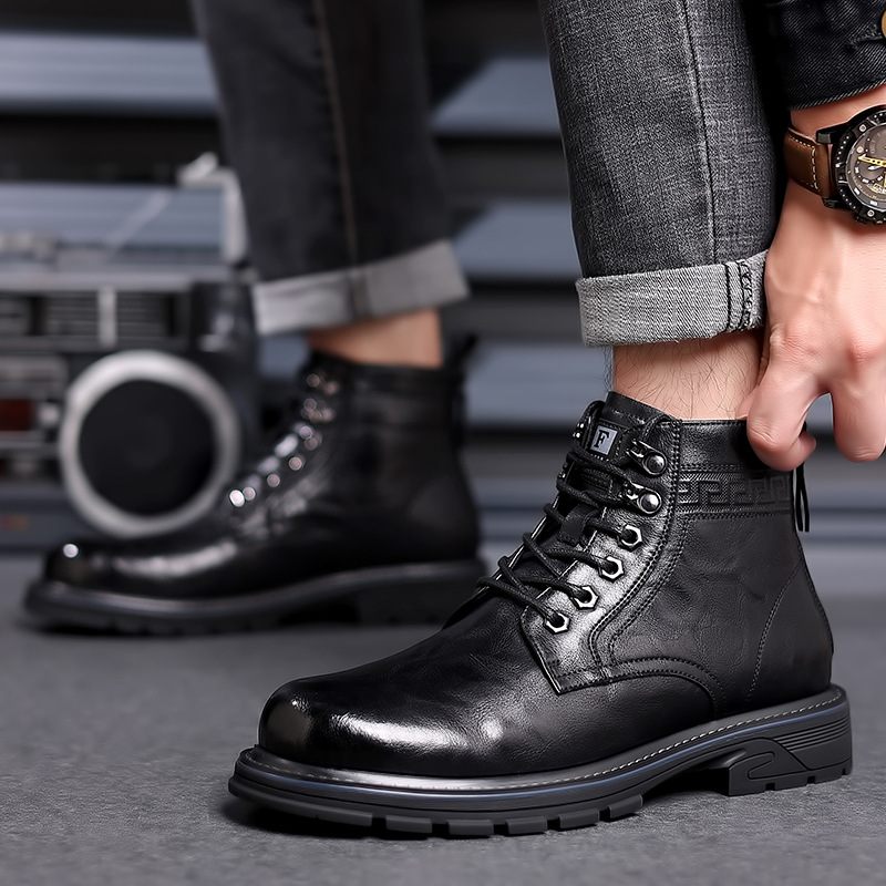 Herfst En Winter Nieuwe High-top Martin Laarzen Herenschoenen Tooling Zwarte Korte Casual Trend Leren Motorlaarzen