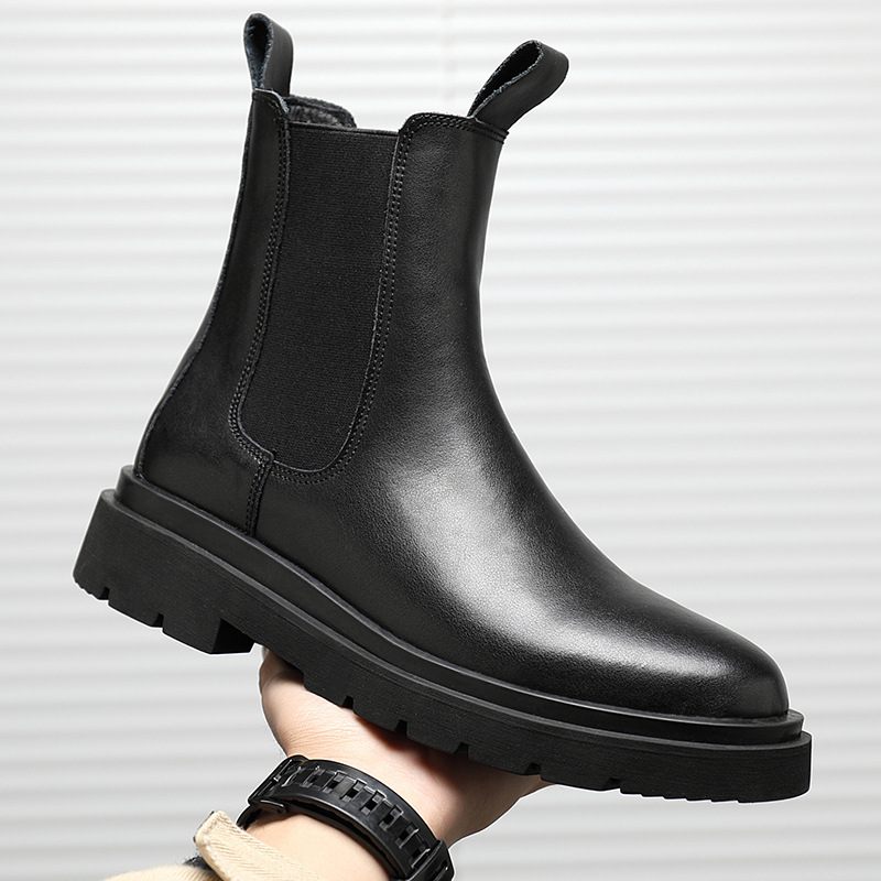 Lente Nieuwe Heren Chelsea Boots Schoorsteen Laarzen Zwart Pluche Leren 2024 Echt Leer