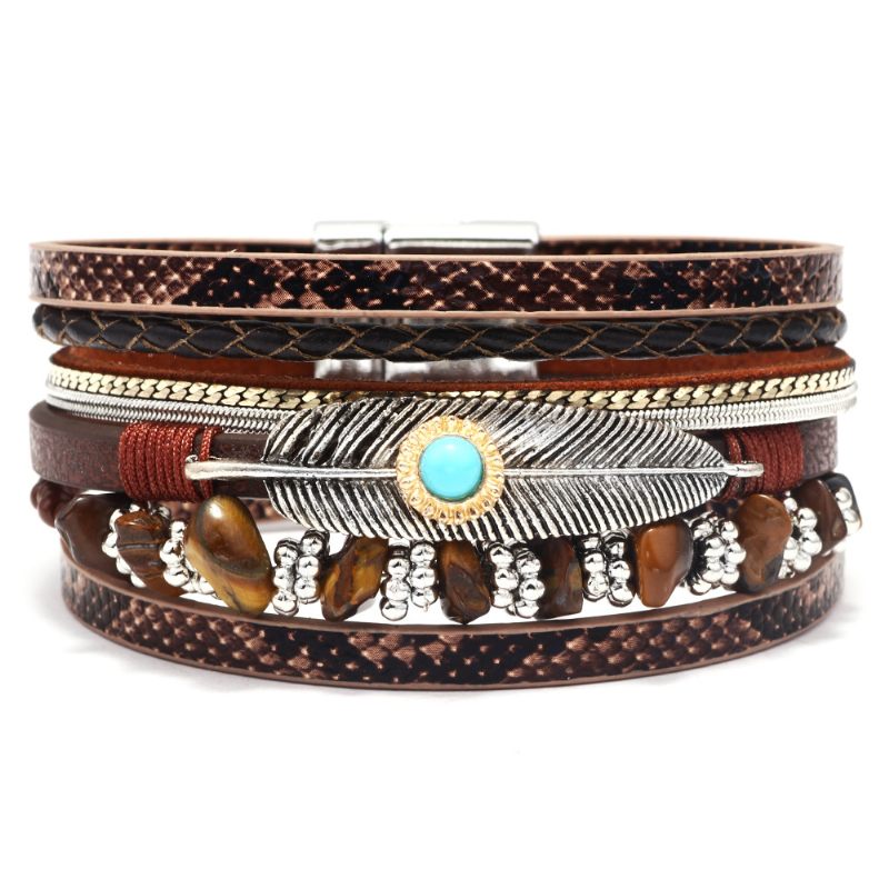 Dames Feather Armband Trendy Retro Gravel Multilayer Leren