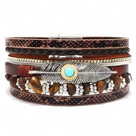 Dames Feather Armband Trendy Retro Gravel Multilayer Leren