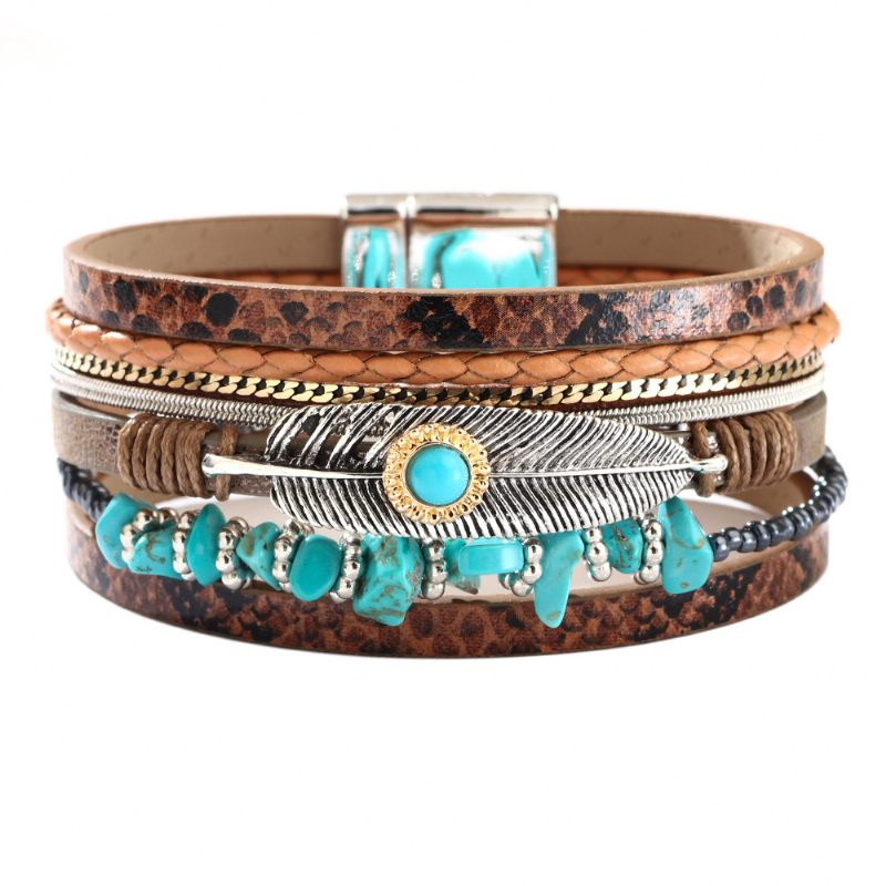 Dames Feather Armband Trendy Retro Gravel Multilayer Leren