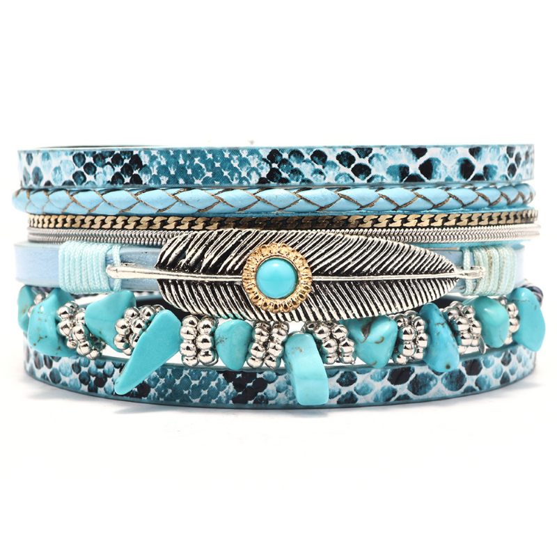 Dames Feather Armband Trendy Retro Gravel Multilayer Leren