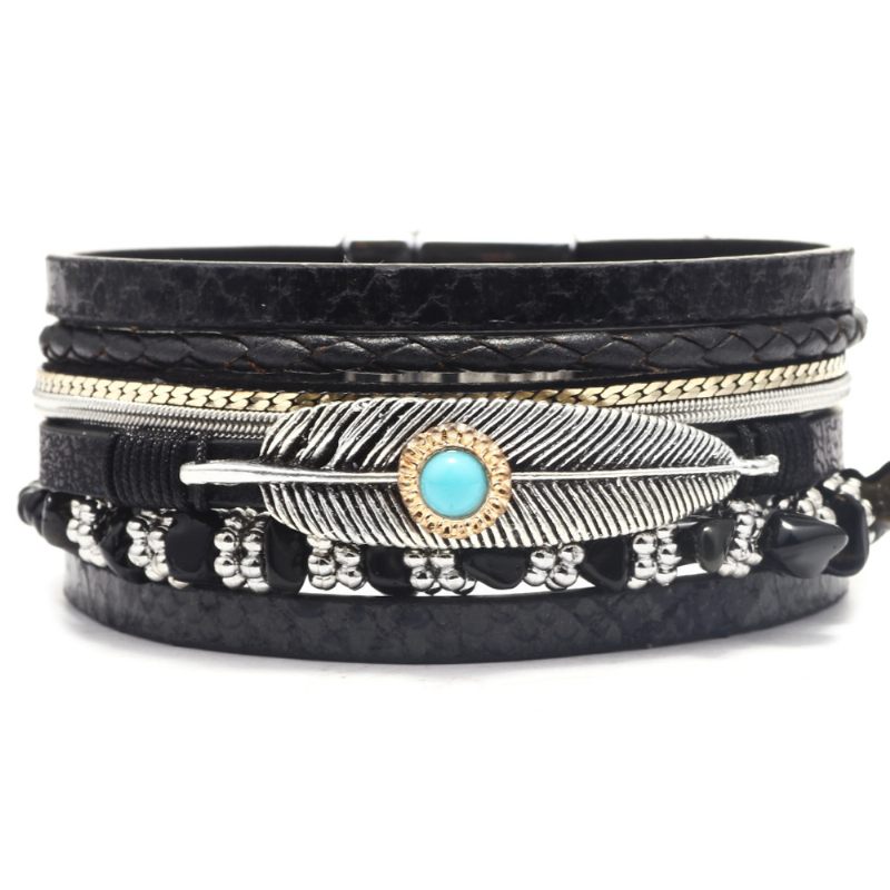 Dames Feather Armband Trendy Retro Gravel Multilayer Leren