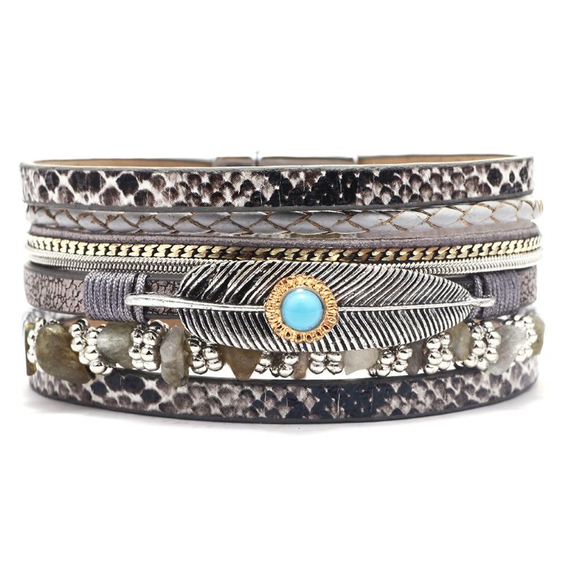 Dames Feather Armband Trendy Retro Gravel Multilayer Leren