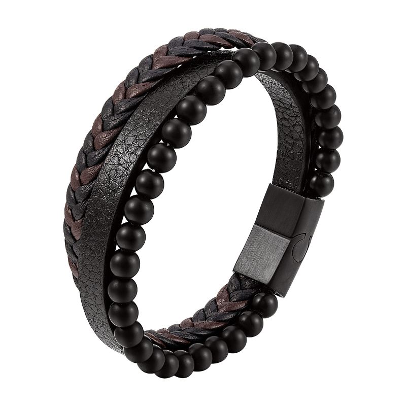 Natuursteen Lavasteen Leren Armband Roestvrij Staal Leer Gevlochten Meerlagige Titanium Stalen Sieraden Voor Heren