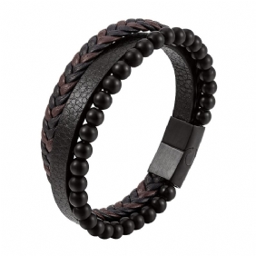 Natuursteen Lavasteen Leren Armband Roestvrij Staal Leer Gevlochten Meerlagige Titanium Stalen Sieraden Voor Heren