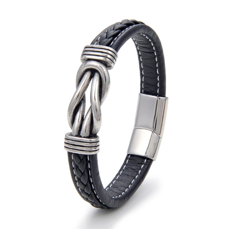 Punk Titanium Stalen Twist Heren Leren Armband Roestvrij