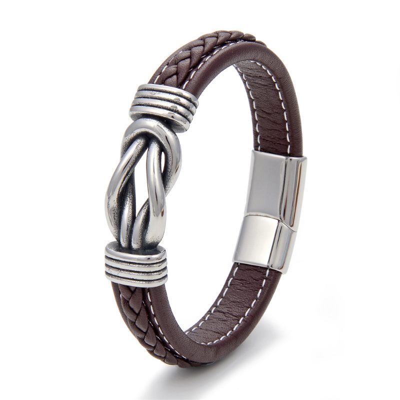 Punk Titanium Stalen Twist Heren Leren Armband Roestvrij