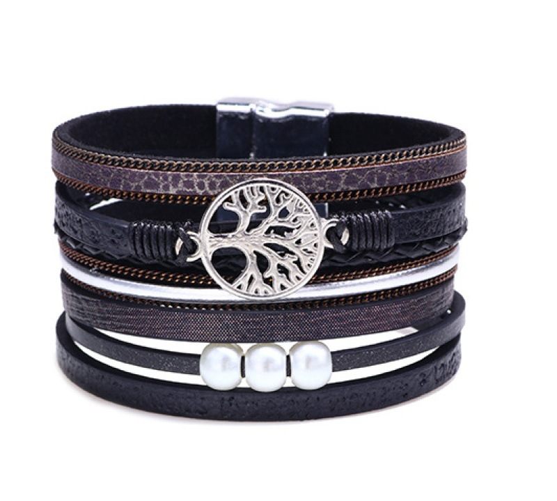 Retro Handgeweven Armband Levensboom Lederen Touw Magneet Gesp