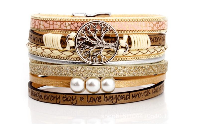 Retro Handgeweven Armband Levensboom Lederen Touw Magneet Gesp