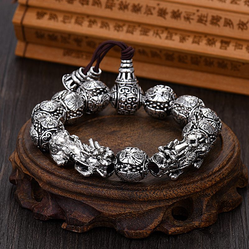 Retro Liefde Dubbele Bixie Armband Mode Trendy Guan Gong Wu Boeddha Kralen Heren Armbanden Oude Thaise Zilveren