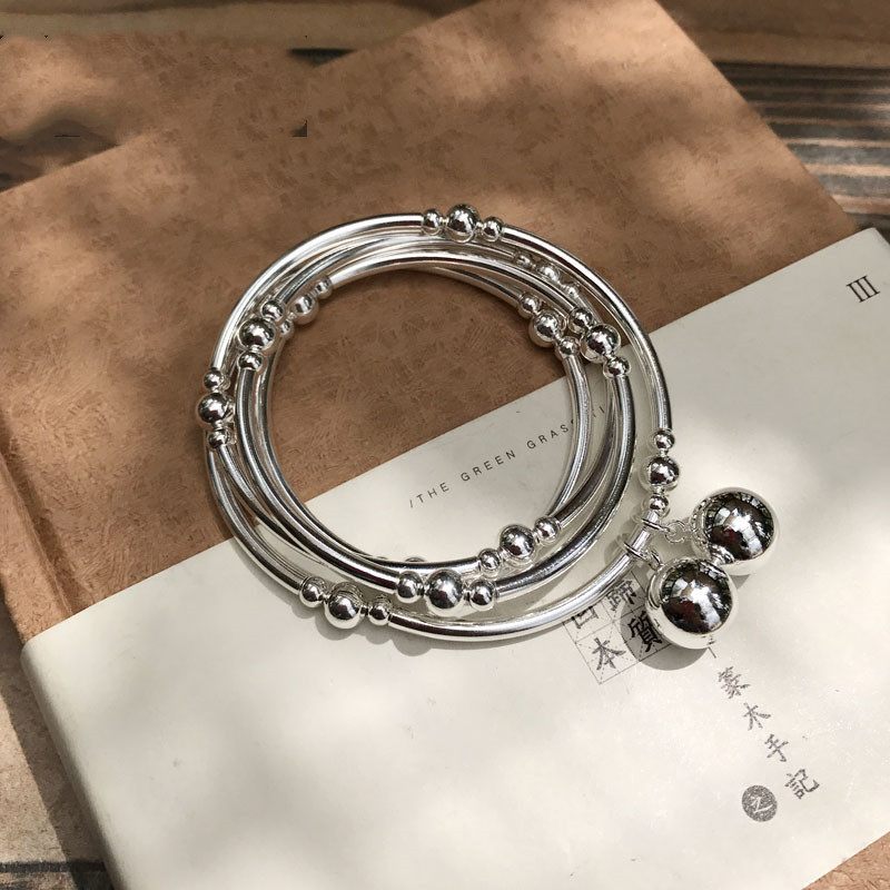 S925 Zilveren Bocht Buis Kleine Bal Kralen Armband Vier Ringen Originele Diy Cadeau Voor Vrouwen