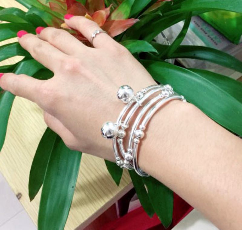 S925 Zilveren Bocht Buis Kleine Bal Kralen Armband Vier Ringen Originele Diy Cadeau Voor Vrouwen