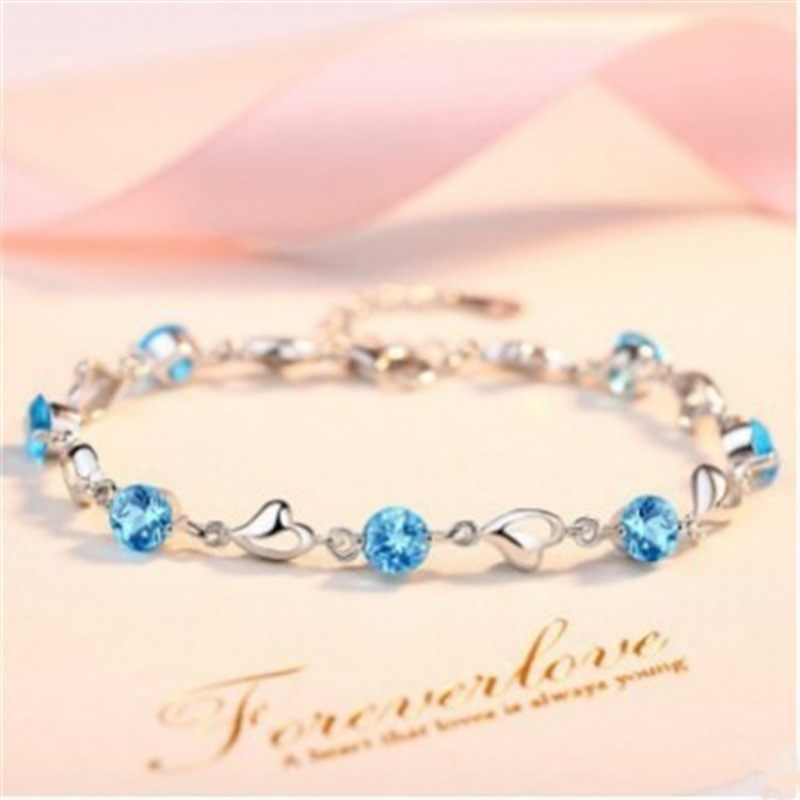 Verzilverde Literaire Blauwe Kristallen Hartvormige Armband Vrouwen Diamant Zirkoon Sieraden