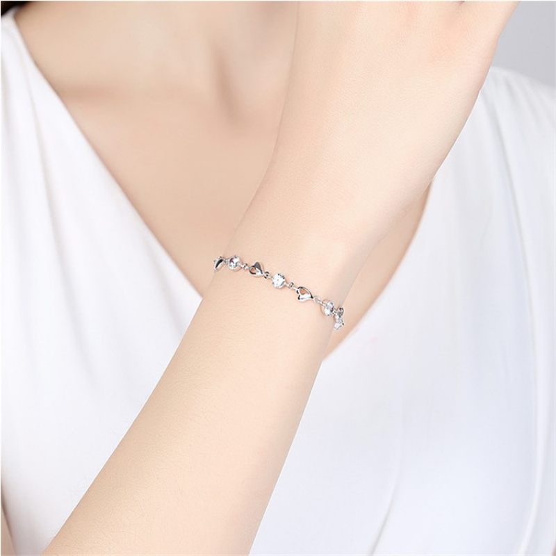 Verzilverde Literaire Blauwe Kristallen Hartvormige Armband Vrouwen Diamant Zirkoon Sieraden