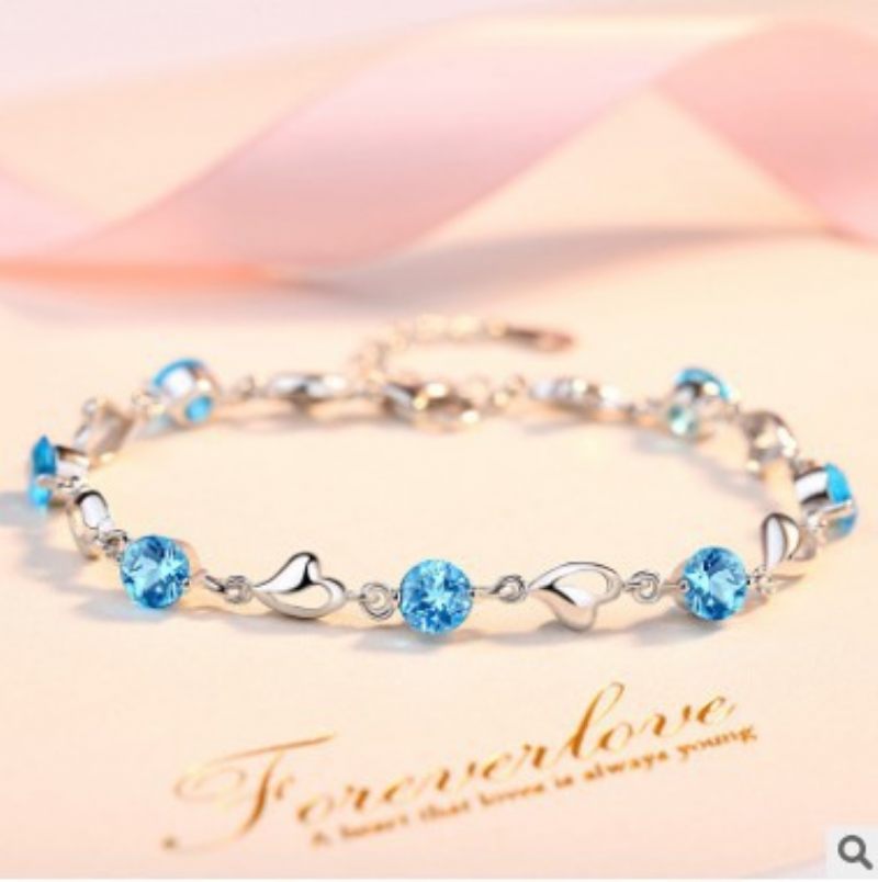 Verzilverde Literaire Blauwe Kristallen Hartvormige Armband Vrouwen Diamant Zirkoon Sieraden