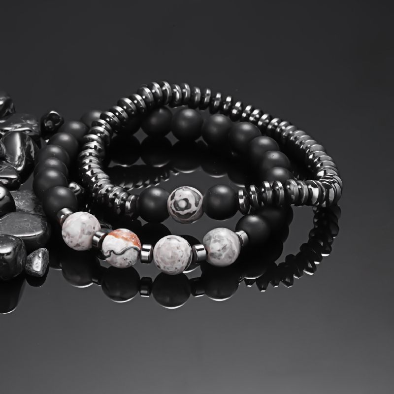 Zwarte Galsteen Frosted Stone Combinatie Beaded Heren Armband Twee Pack Fashion Armbanden