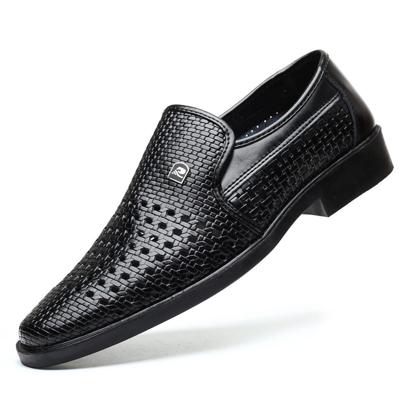 2024 Zomer Nieuwe Hollow Dress Schoenen Heren Echt Leer Casual Ademende Slip-on Herenschoenen