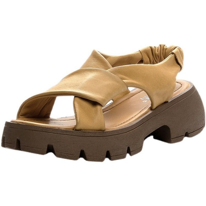 2024 Zachte Leren Sandalen Dames Middenhak Dikke Zolen Open Tenen Zomer Nieuwe Casual Damesschoenen Trendy Strappy Romeinse Schoenen Vrouwen