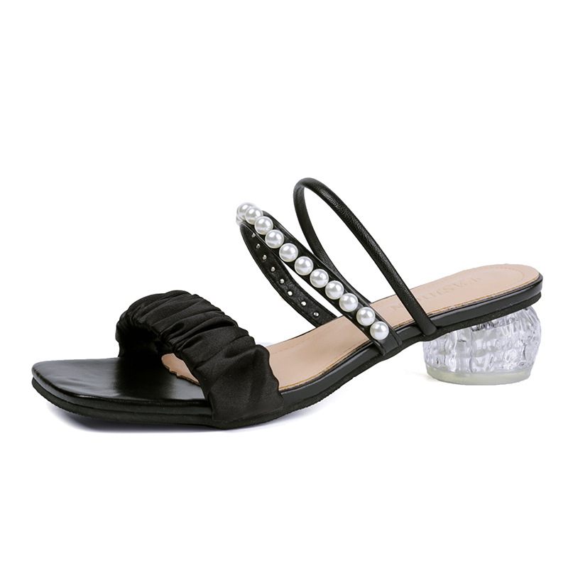 2024 Zomer Kristal Transparante Dikke Hak Mesh Parel Sandalen Vrouwelijke Midden Hak Slippers