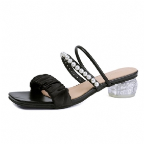 2024 Zomer Kristal Transparante Dikke Hak Mesh Parel Sandalen Vrouwelijke Midden Hak Slippers